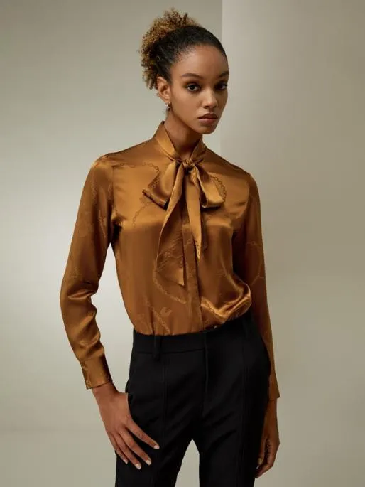 Lilysilk Retro Style Jacquard Wave Silk Blouse With Bow Women Blouses Shirts