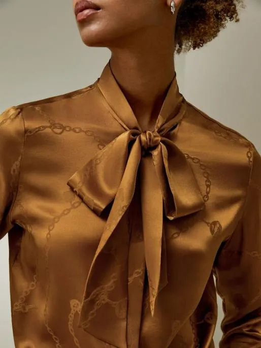 Lilysilk Retro Style Jacquard Wave Silk Blouse With Bow Women Blouses Shirts
