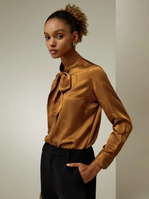 Lilysilk Retro Style Jacquard Wave Silk Blouse With Bow Women Blouses Shirts