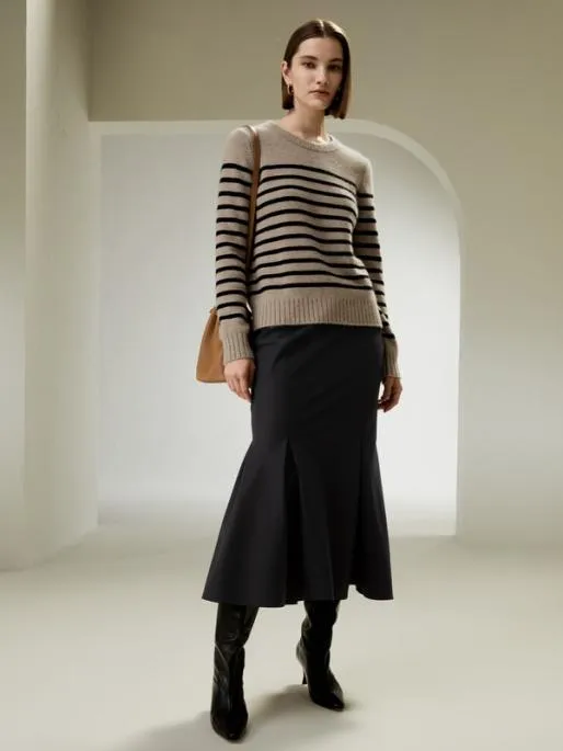 Lilysilk Striped Round Collar Cashmere Sweater Women Knitwear