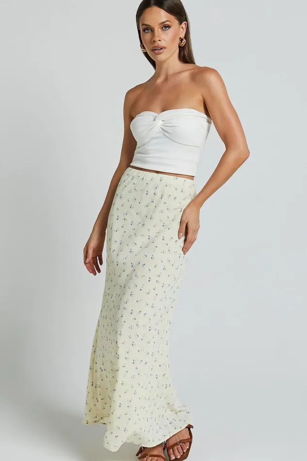 Lorin Midi Skirt 8211 Mid Waist Slip Skirt In Cream And Lilac Floral Women Showpo Skirts