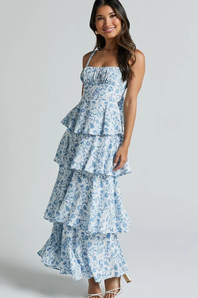 Lorma Midi Dress 8211 Ruched Layered Dress In Blue Floral Women Showpo Dresses