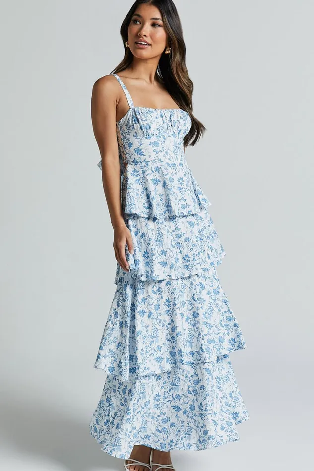 Lorma Midi Dress 8211 Ruched Layered Dress In Blue Floral Women Showpo Dresses