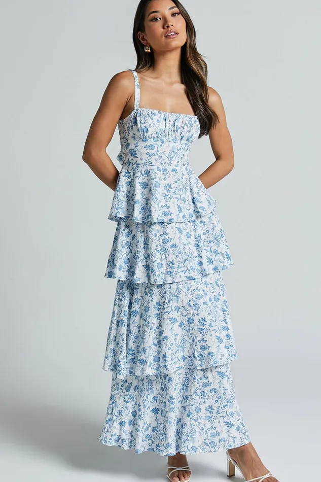 Lorma Midi Dress 8211 Ruched Layered Dress In Blue Floral Women Showpo Dresses