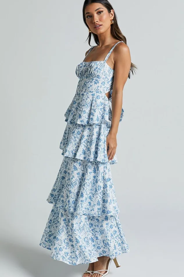 Lorma Midi Dress 8211 Ruched Layered Dress In Blue Floral Women Showpo Dresses