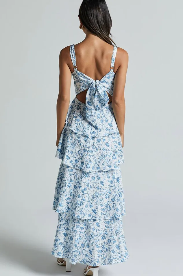 Lorma Midi Dress 8211 Ruched Layered Dress In Blue Floral Women Showpo Dresses
