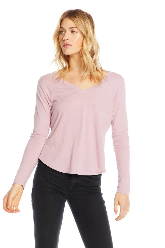 Loungewear Cotton Basics Long Sleeve V neck Seamed Back Pocket Tee 8211 Chaser Brand Womens