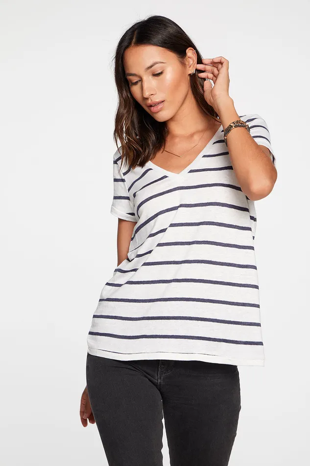 Loungewear Linen Jersey Short Sleeve Deep V Open Back Tee in Stripe Chaser Brand Womens Loungewear Linen Jersey Short Sleeve Deep V Open Back Tee in Stripe Chaser Brand Womens