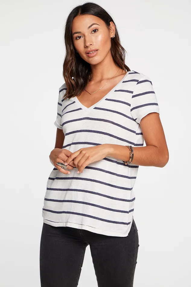Loungewear Linen Jersey Short Sleeve Deep V Open Back Tee in Stripe Chaser Brand Womens