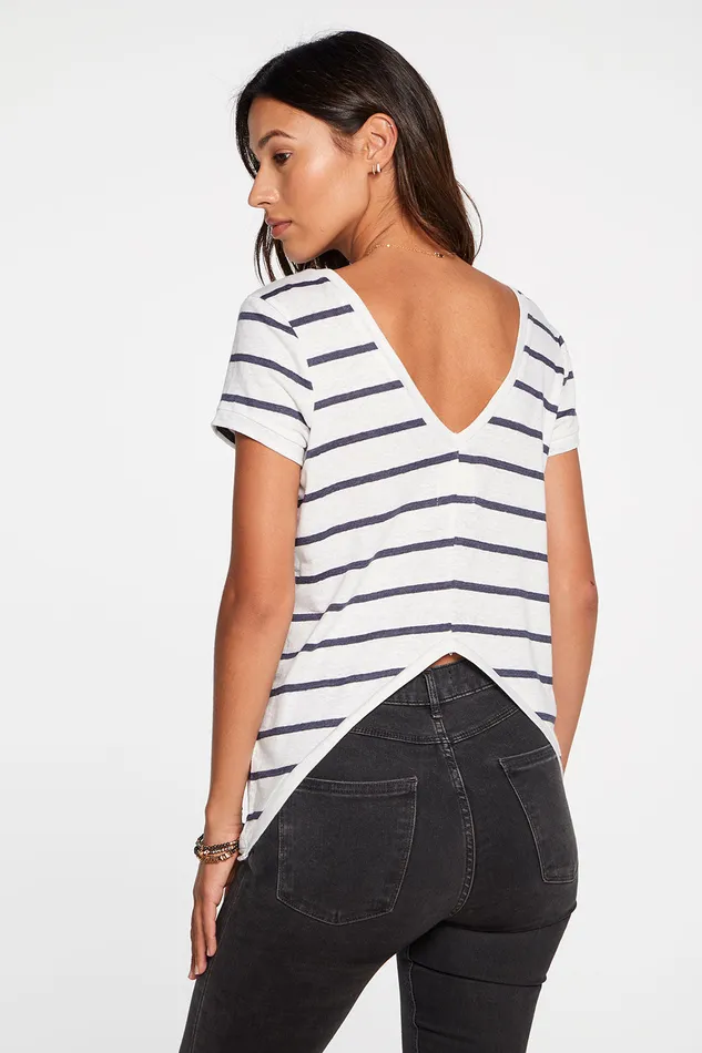 Loungewear Linen Jersey Short Sleeve Deep V Open Back Tee in Stripe Chaser Brand Womens