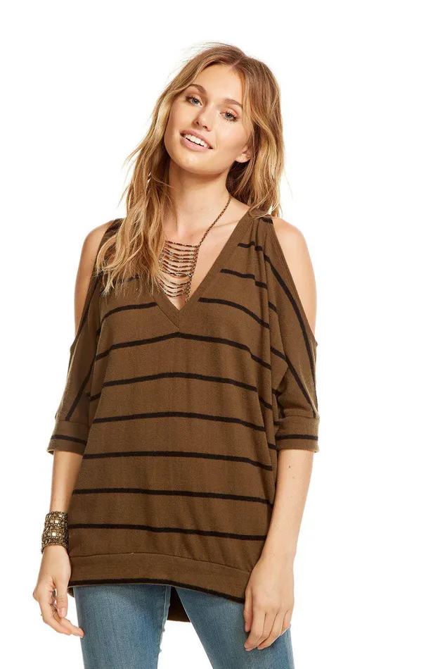 LOVE KNIT 34 SLEEVE V NECK COLD SHOULDER HI LO DOLMAN Womens Loungewear Chaser Brand