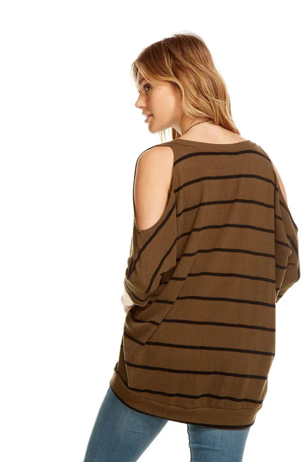 LOVE KNIT 34 SLEEVE V NECK COLD SHOULDER HI LO DOLMAN Womens Loungewear Chaser Brand