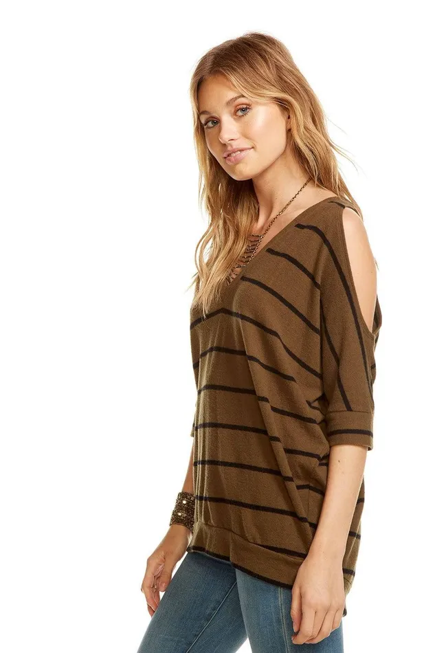 LOVE KNIT 34 SLEEVE V NECK COLD SHOULDER HI LO DOLMAN Womens Loungewear Chaser Brand