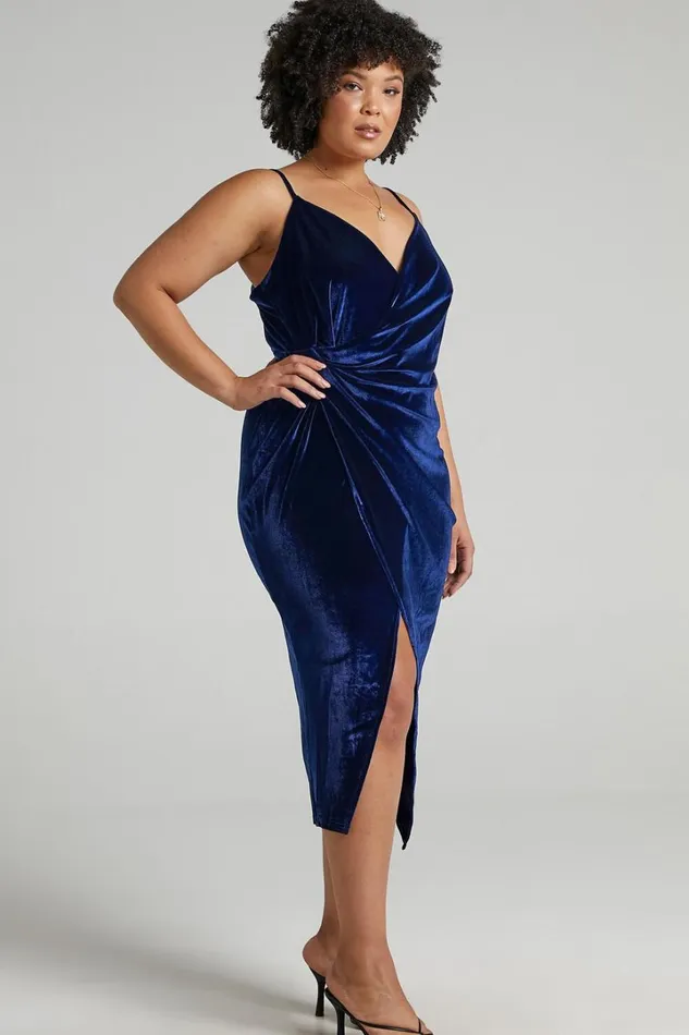 Loving Blind Midi Dress 8211 Draped Thigh Split Dress In Navy Velvet Women Showpo Curve Clothes