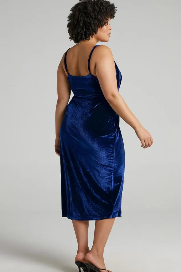 Loving Blind Midi Dress 8211 Draped Thigh Split Dress In Navy Velvet Women Showpo Curve Clothes