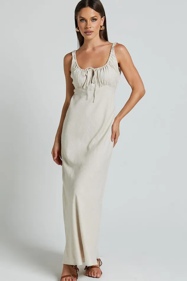 Lucas Midi Dress 8211 Ruched Bust Linen Look Dress In Natural Women Showpo Dresses