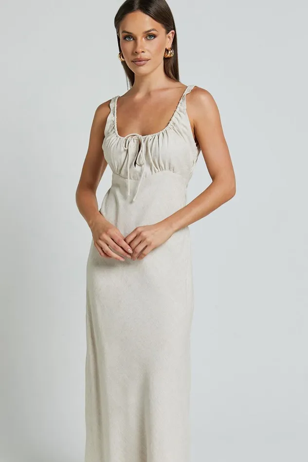 Lucas Midi Dress 8211 Ruched Bust Linen Look Dress In Natural Women Showpo Dresses