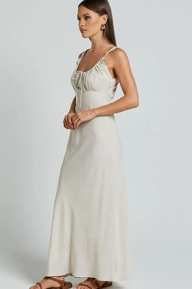 Lucas Midi Dress 8211 Ruched Bust Linen Look Dress In Natural Women Showpo Dresses