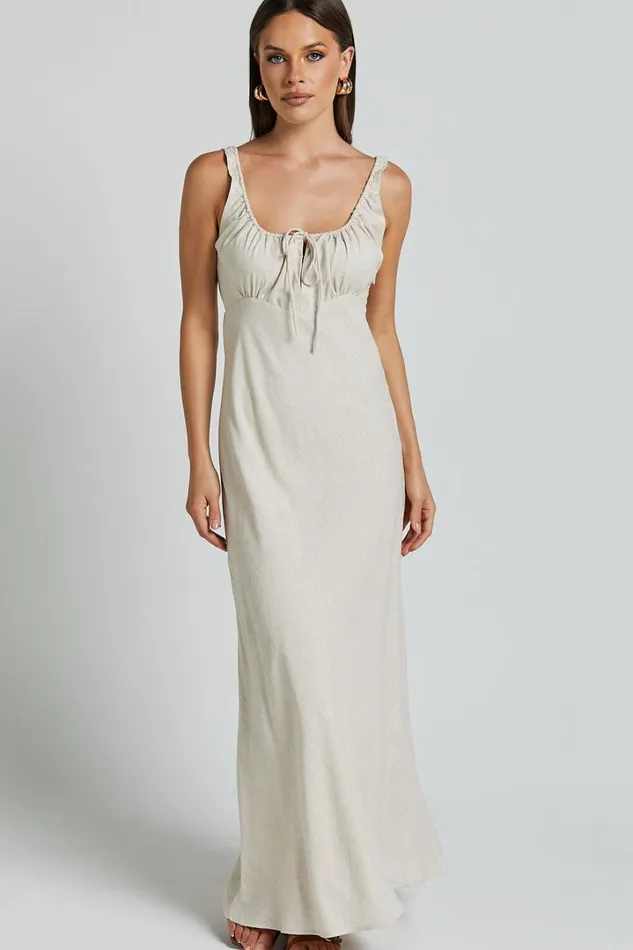 Lucas Midi Dress 8211 Ruched Bust Linen Look Dress In Natural Women Showpo Dresses