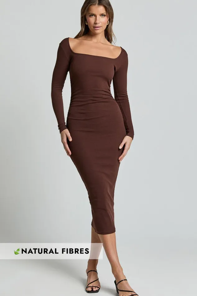 Lucy Midi Dress 8211 Ribbed Side Ruched Bodycon Dress In Espresso Women Showpo Basics