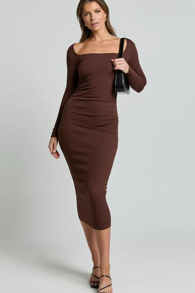 Lucy Midi Dress 8211 Ribbed Side Ruched Bodycon Dress In Espresso Women Showpo Basics