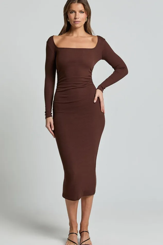 Lucy Midi Dress 8211 Ribbed Side Ruched Bodycon Dress In Espresso Women Showpo Basics