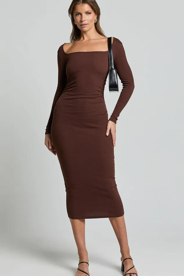 Lucy Midi Dress 8211 Ribbed Side Ruched Bodycon Dress In Espresso Women Showpo Basics
