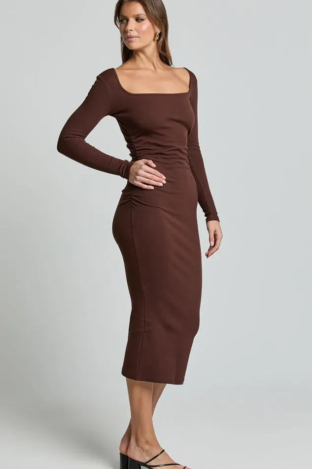 Lucy Midi Dress 8211 Ribbed Side Ruched Bodycon Dress In Espresso Women Showpo Basics