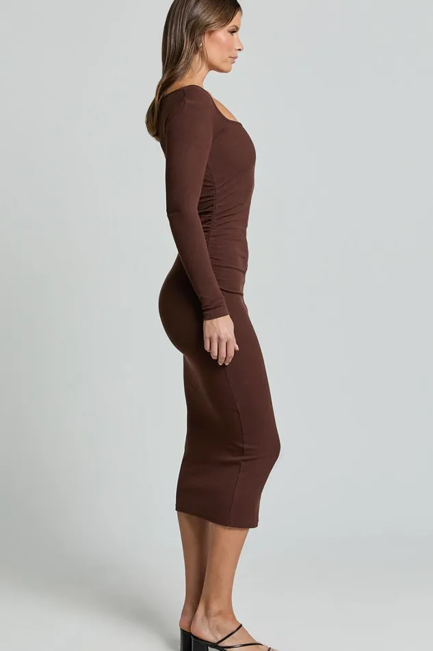 Lucy Midi Dress 8211 Ribbed Side Ruched Bodycon Dress In Espresso Women Showpo Basics