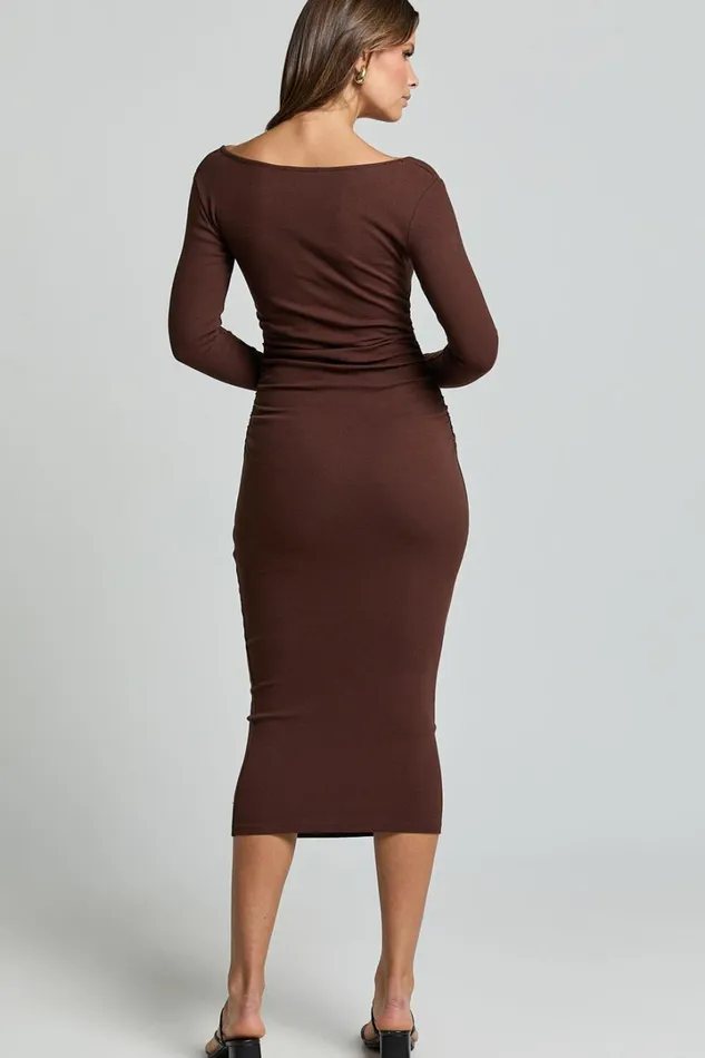 Lucy Midi Dress 8211 Ribbed Side Ruched Bodycon Dress In Espresso Women Showpo Basics