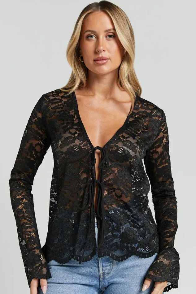 Mackenzie Top 8211 Long Sleeve Tie Front In Black Women Showpo Tops