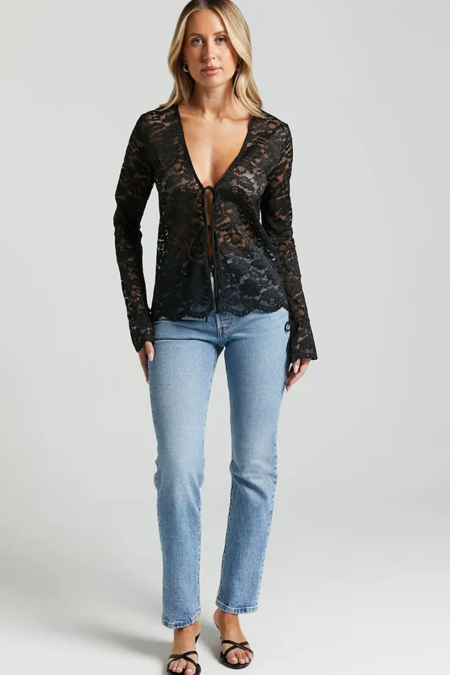 Mackenzie Top 8211 Long Sleeve Tie Front In Black Women Showpo Tops