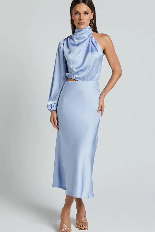 Marcela Midi Dress 8211 Drape Neck One Sleeve Satin Bias Cut Dress In Light Blue Women Showpo Dresses Marcela Midi Dress 8211 Drape Neck One Sleeve Satin Bias Cut Dress In Light Blue Women Showpo Dresses