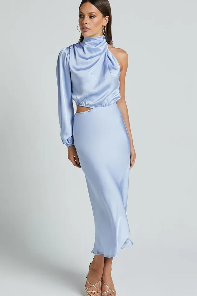 Marcela Midi Dress 8211 Drape Neck One Sleeve Satin Bias Cut Dress In Light Blue Women Showpo Dresses