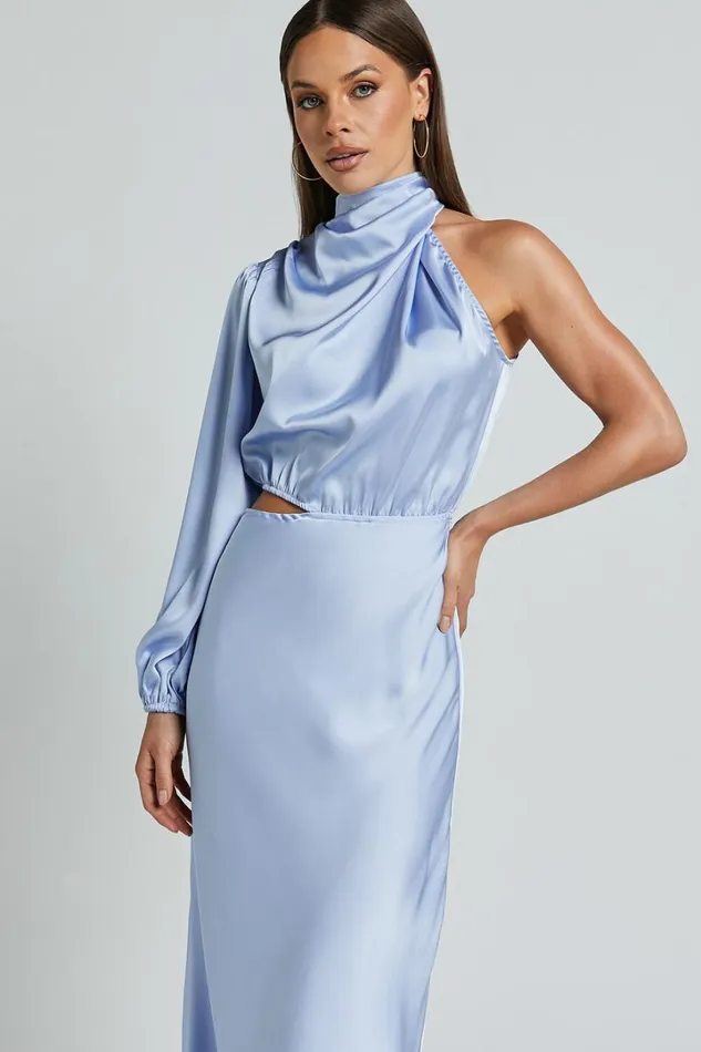 Marcela Midi Dress 8211 Drape Neck One Sleeve Satin Bias Cut Dress In Light Blue Women Showpo Dresses