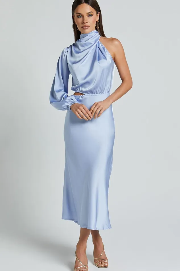 Marcela Midi Dress 8211 Drape Neck One Sleeve Satin Bias Cut Dress In Light Blue Women Showpo Dresses