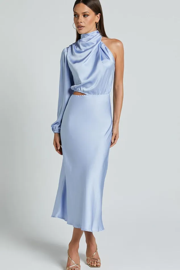 Marcela Midi Dress 8211 Drape Neck One Sleeve Satin Bias Cut Dress In Light Blue Women Showpo Dresses