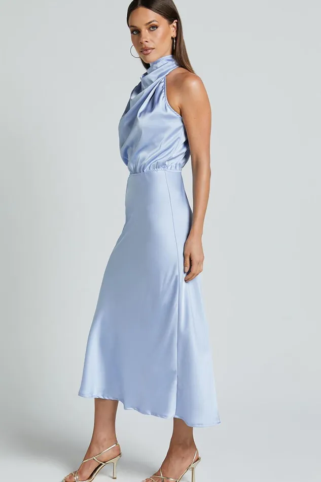 Marcela Midi Dress 8211 Drape Neck One Sleeve Satin Bias Cut Dress In Light Blue Women Showpo Dresses