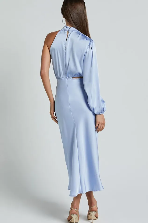 Marcela Midi Dress 8211 Drape Neck One Sleeve Satin Bias Cut Dress In Light Blue Women Showpo Dresses