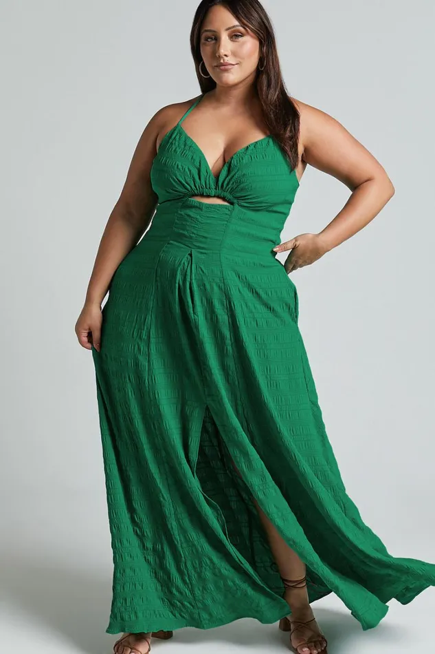 Marisse Maxi Dress 8211 Cut Out Front Split Cross Back Textured Dress In Green Women Showpo Curve Clothes