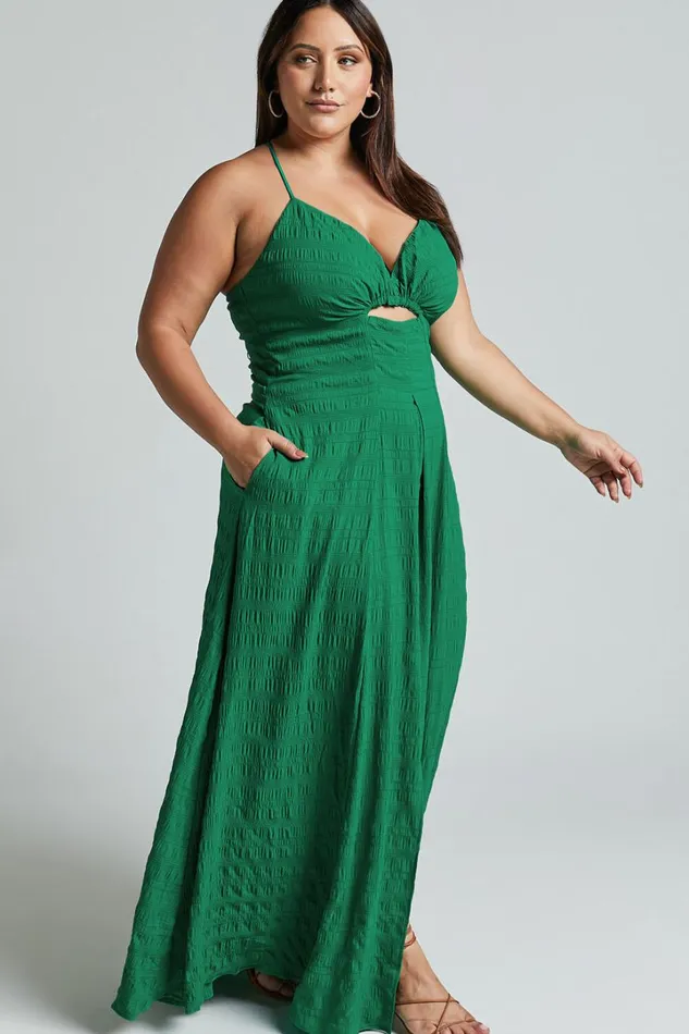 Marisse Maxi Dress 8211 Cut Out Front Split Cross Back Textured Dress In Green Women Showpo Curve Clothes