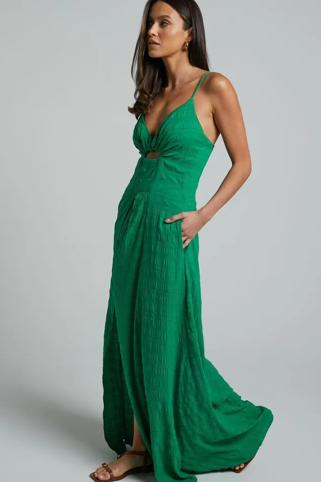 Marisse Maxi Dress 8211 Cut Out Front Split Cross Back Textured Dress In Green Women Showpo Curve Clothes