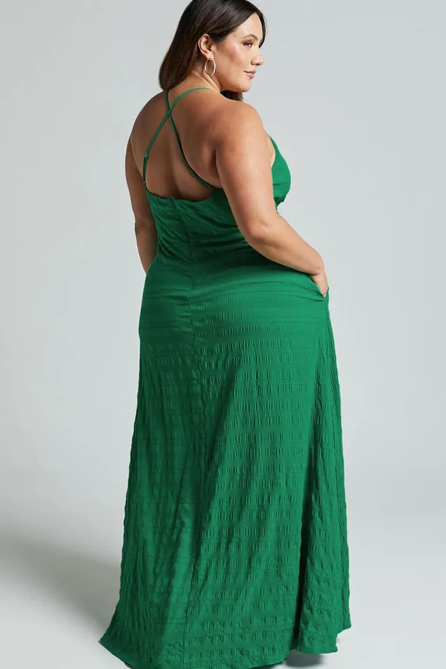 Marisse Maxi Dress 8211 Cut Out Front Split Cross Back Textured Dress In Green Women Showpo Curve Clothes