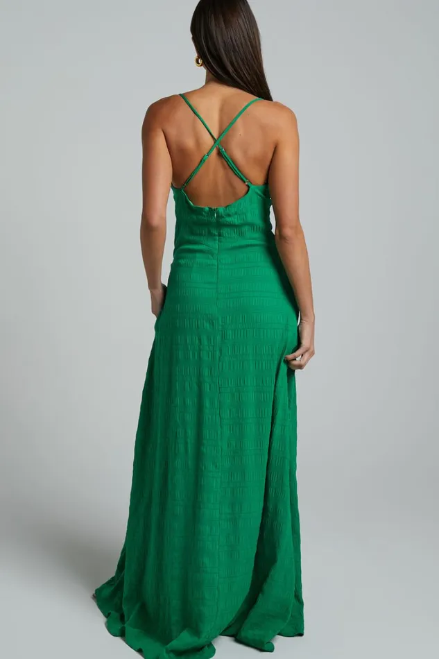 Marisse Maxi Dress 8211 Cut Out Front Split Cross Back Textured Dress In Green Women Showpo Curve Clothes