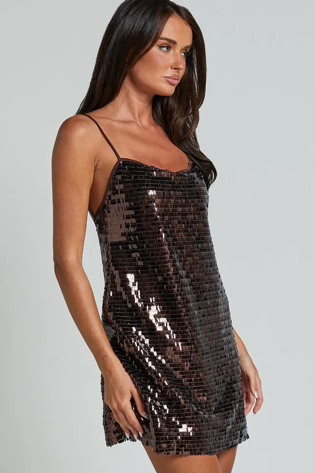 Marleen Mini Dress 8211 Strappy Low Back Sequin Dress In Chocolate Women Showpo Dresses