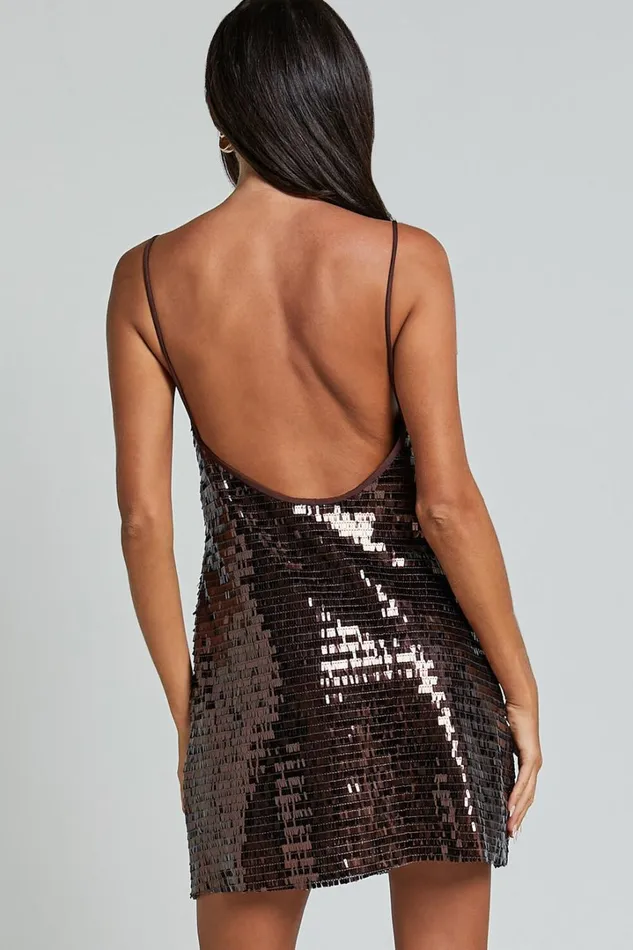 Marleen Mini Dress 8211 Strappy Low Back Sequin Dress In Chocolate Women Showpo Dresses