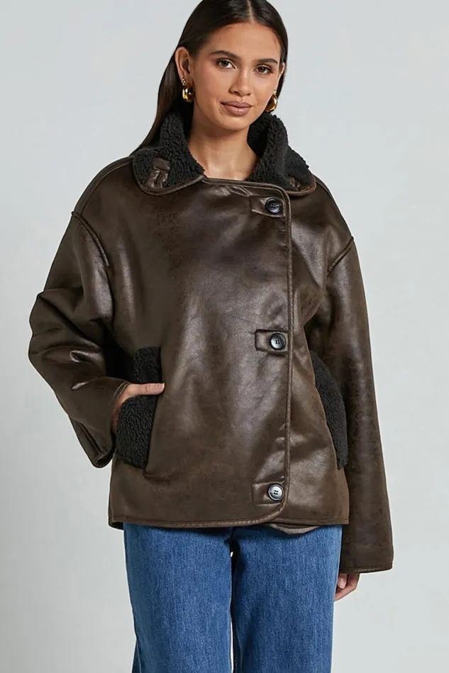 Matilda Jacket 8211 PU Borg Collar Jacket In Brown Women Showpo Jackets and Coats