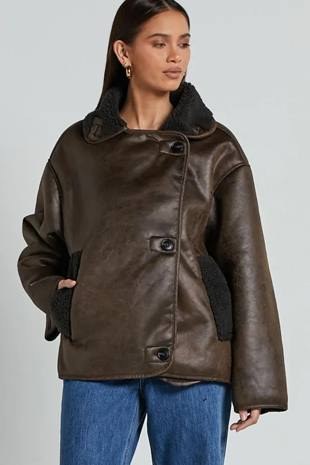Matilda Jacket 8211 PU Borg Collar Jacket In Brown Women Showpo Jackets and Coats