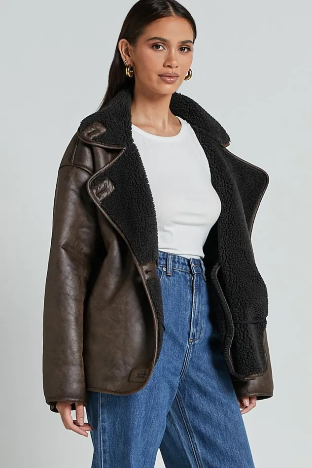 Matilda Jacket 8211 PU Borg Collar Jacket In Brown Women Showpo Jackets and Coats