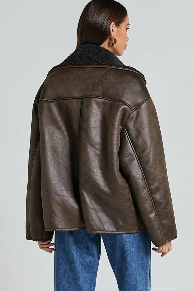Matilda Jacket 8211 PU Borg Collar Jacket In Brown Women Showpo Jackets and Coats